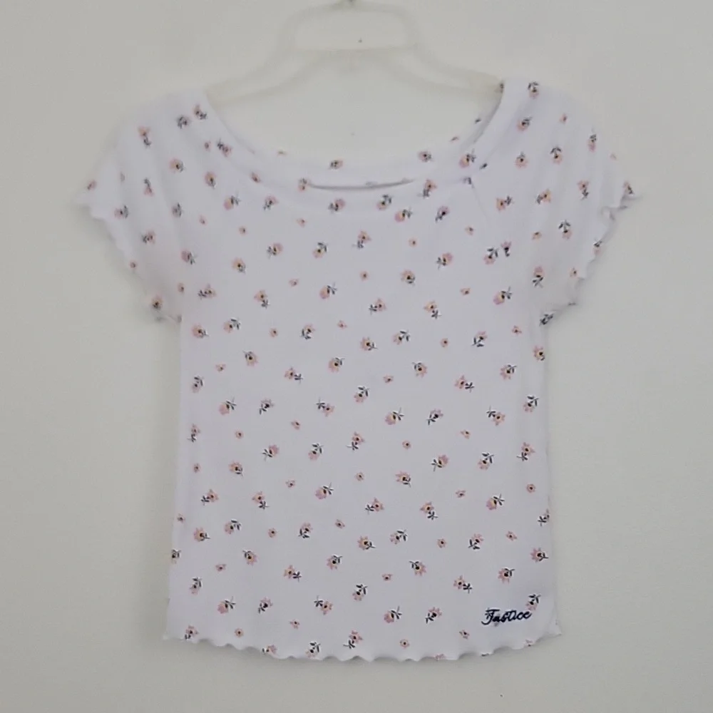 Justice White Floral Print Short Sleeve Top Girls 12